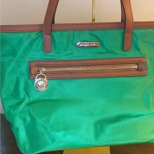 Michael Kors Emerald Green Tote with Brown Accents